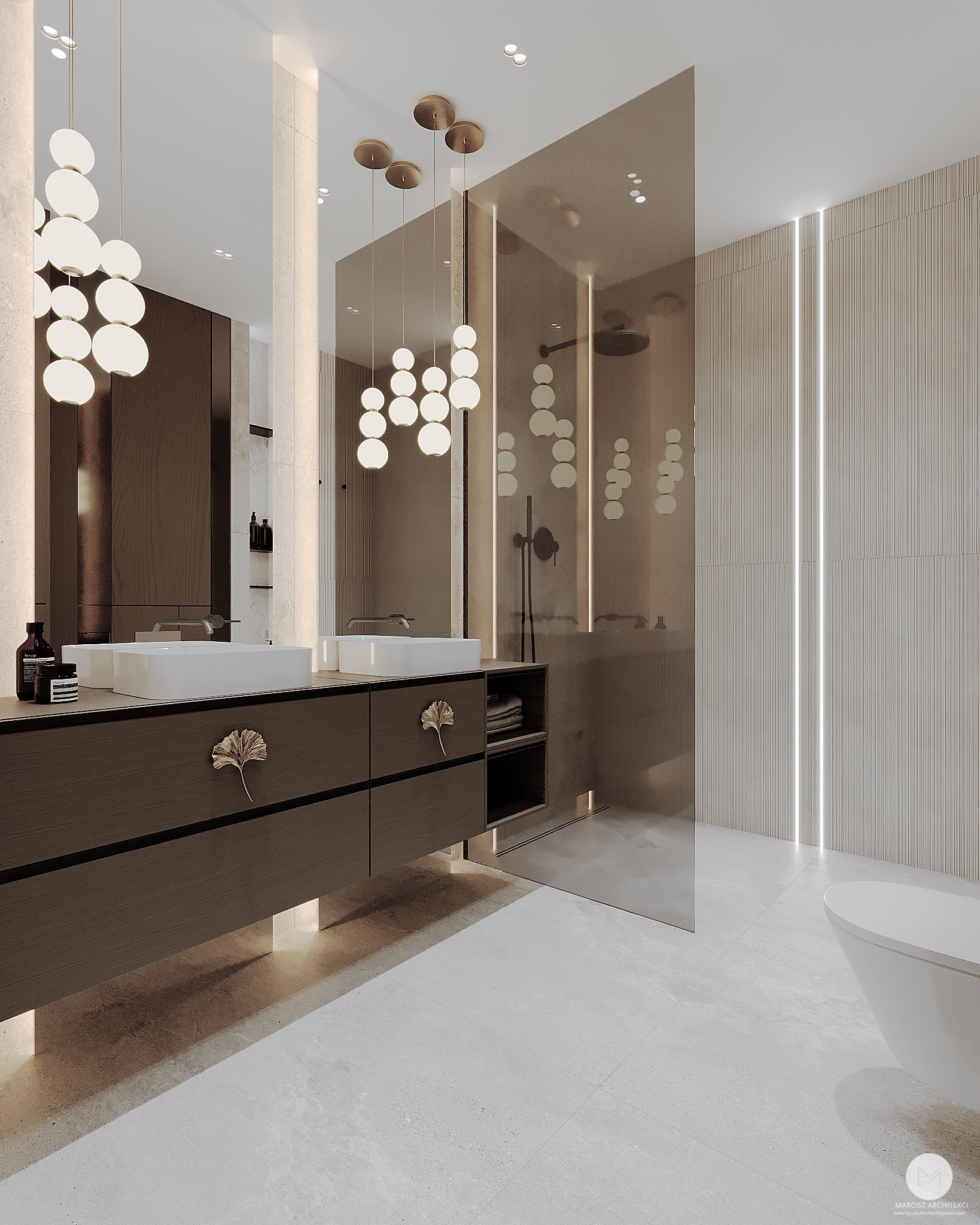 Elegancka łazienka z podwójną umywalką na szafce z dekoracyjnymi uchwytami, szklaną kabiną prysznicową i oświetleniem LED w tle. Nowoczesny design.