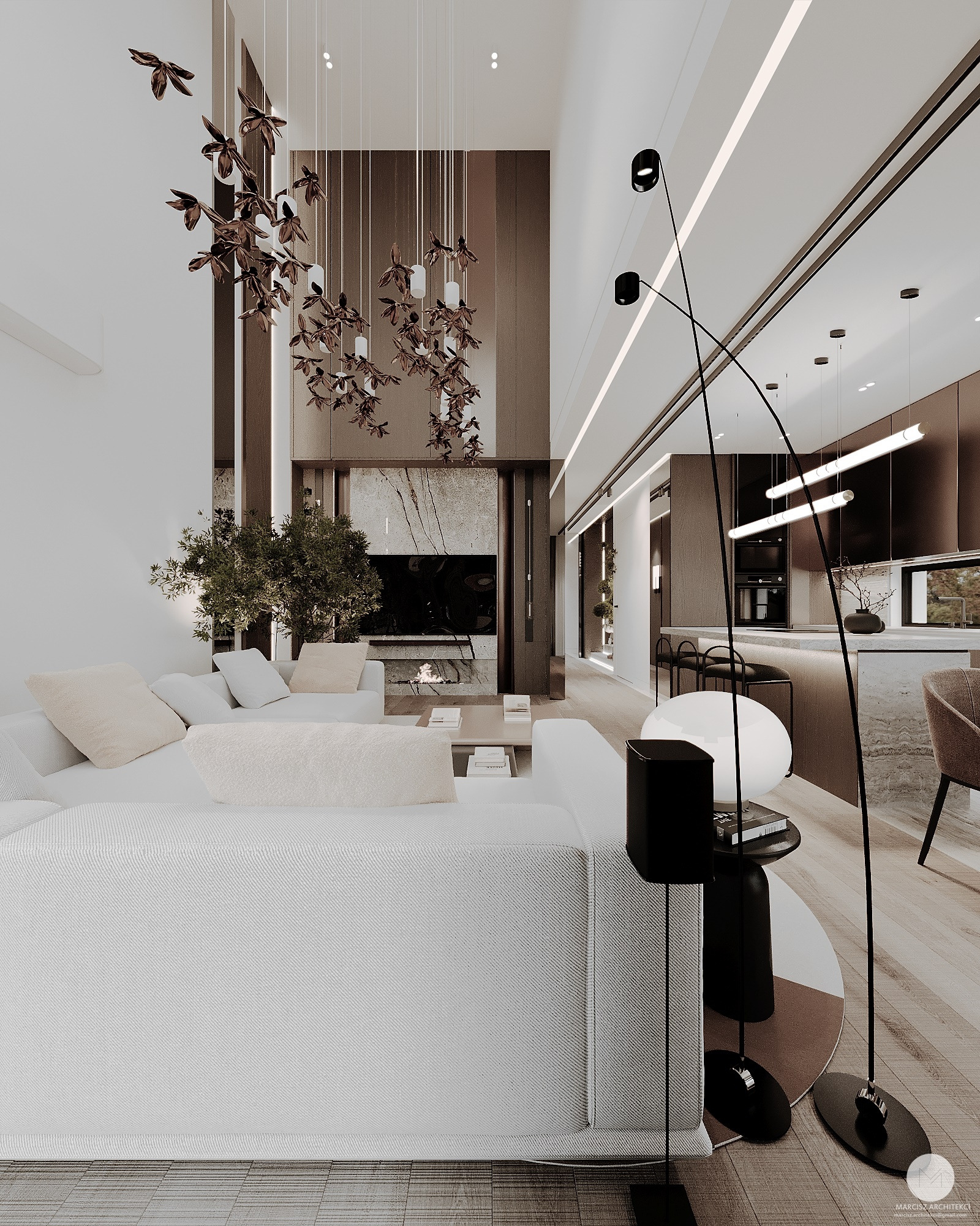 Elegancki salon z białym narożnikiem, designerską lampą i dekoracyjnym oświetleniem. W tle widoczna kuchnia z marmurowym blatem i nowoczesnymi krzesłami barowymi.