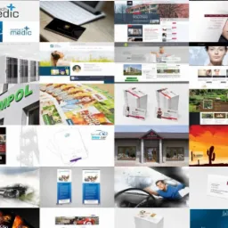Zestawienie różnorodnych projektów graficznych i stron internetowych, w tym wizytówki, ulotki, strony firmowe, reklamy zewnętrzne i projekty logo.