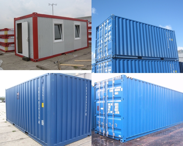 Kompozycja czterech zdjęć: kontener biurowy z otwartymi drzwiami i oknami, oraz trzy ujęcia bocznych ścian niebieskich kontenerów morskich.