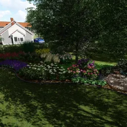 Wizualizacja ogrodu z domem w tle, bogata rabata kwiatowa z różnorodnymi roślinami, trawnik z cieniami drzew, kamienny placyk z zestawem mebli ogrodowych.