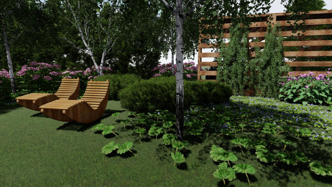 Wizualizacja ogrodu z drewnianymi leżakami bujanymi, kwitnącymi krzewami i drewnianym ogrodzeniem w tle.