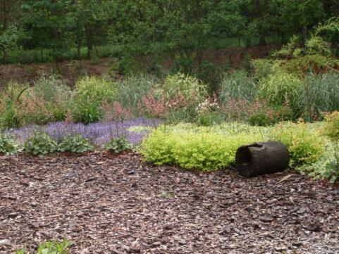 Rabata z różnorodnymi roślinami ozdobnymi, wysypana korą, z dekoracyjnym, ciemnym elementem ceramicznym w kształcie walca leżącym na korze.