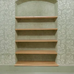 Wnęka ścienna z czterema drewnianymi półkami, zielone ściany z roślinnym wzorem, dekoracyjny pasek pod sufitem, parkiet na podłodze, widoczne logo firmy w rogu.