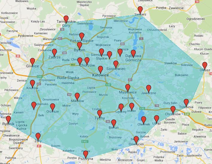 Mapa aglomeracji śląskiej z zaznaczonym obszarem świadczenia usług oraz lokalizacjami punktów kontaktowych.