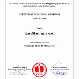 Certyfikat 'Sumienny Księgowy' dla firmy EasyStart sp. z o.o. z datą certyfikacji 25 lipca 2018, z podpisami przewodniczących komisji i pieczęcią.