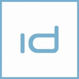 Niebieski, minimalistyczny ikona przedstawiająca stylizowany napis 'id' na białym tle, otoczona cienką, niebieską ramką.