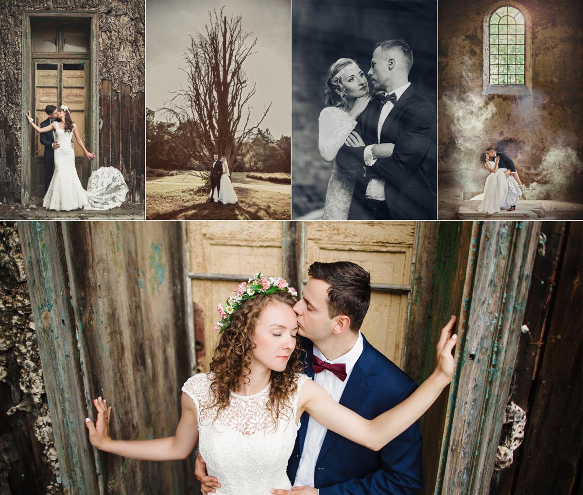 Kolaż zdjęć pary młodej w różnych sceneriach: przy starych drzwiach, na tle drzewa, w czarno-bieli i w zrujnowanym budynku z oknem łukowym.