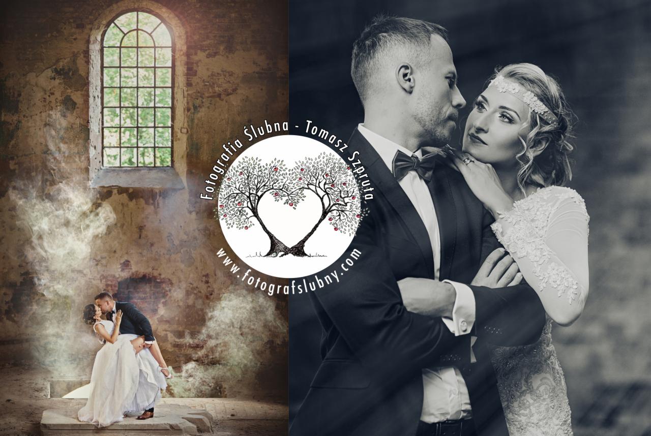 Kompozycja ślubna: po lewej para młoda w ruinach kościoła, unosząca się w obłoku pyłu, po prawej czarno-białe portretowe zbliżenie pary, z logo fotografa pośrodku.