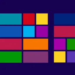 Abstrakcyjna kompozycja z kolorowych prostokątów na ciemnoniebieskim tle, przypominająca układankę lub mozaikę z wyraźnymi, geometrycznymi kształtami.