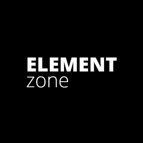 Minimalistyczne logo 'ELEMENT zone' w bieli na czarnym tle, nowoczesny font.