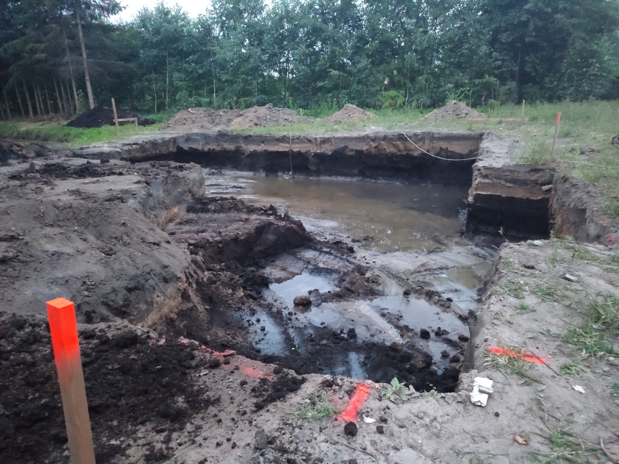 Wykop pod fundamenty zalany wodą, widoczne pomarańczowe znaczniki geodezyjne, ziemia o różnej strukturze i kolorach, w tle drzewa.