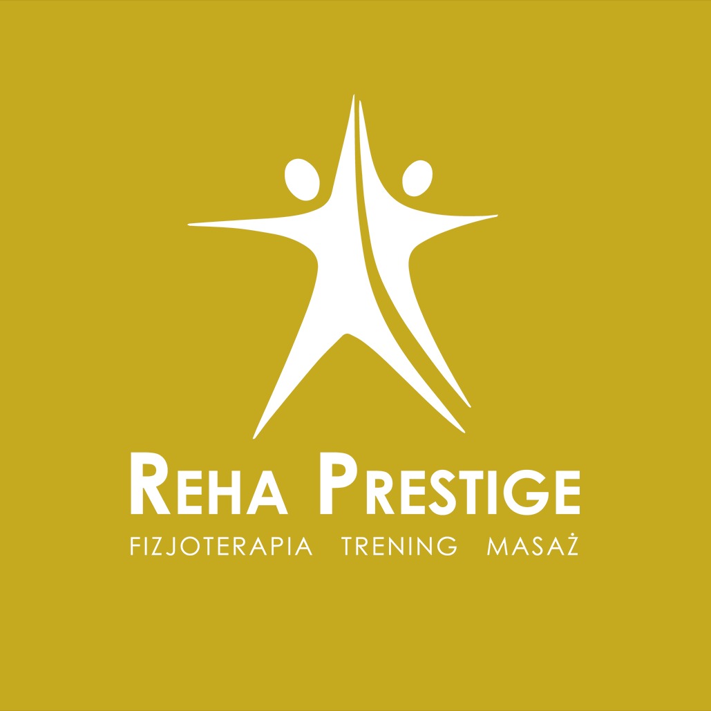 Logo Reha Prestige na złotym tle, przedstawiające stylizowaną sylwetkę człowieka w ruchu oraz napisy: Reha Prestige, Fizjoterapia, Trening, Masaż.