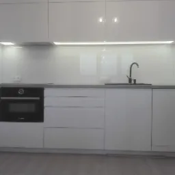 Minimalistyczna kuchnia z białymi, lakierowanymi frontami, szarym blatem i czarną armaturą, oświetlenie LED pod szafkami wiszącymi.