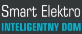 Logo firmy Smart Elektro z napisem Inteligentny Dom na szarym tle. Nazwa firmy w kolorze białym, slogan w kolorze niebieskim.