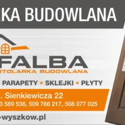Reklama firmy stolarskiej Falba z Wyszkowa, oferującej drzwi, okna, parapety, sklejki i płyty, z wizualizacją brązowych drzwi zewnętrznych z metalowymi wstawkami.