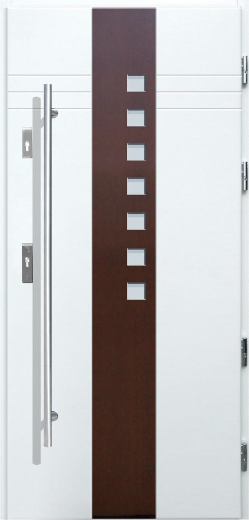 Nowoczesne, białe skrzydło z brązowym pionowym panelem i rzędem kwadratowych prześwitów, długa, srebrna klamka po lewej stronie.