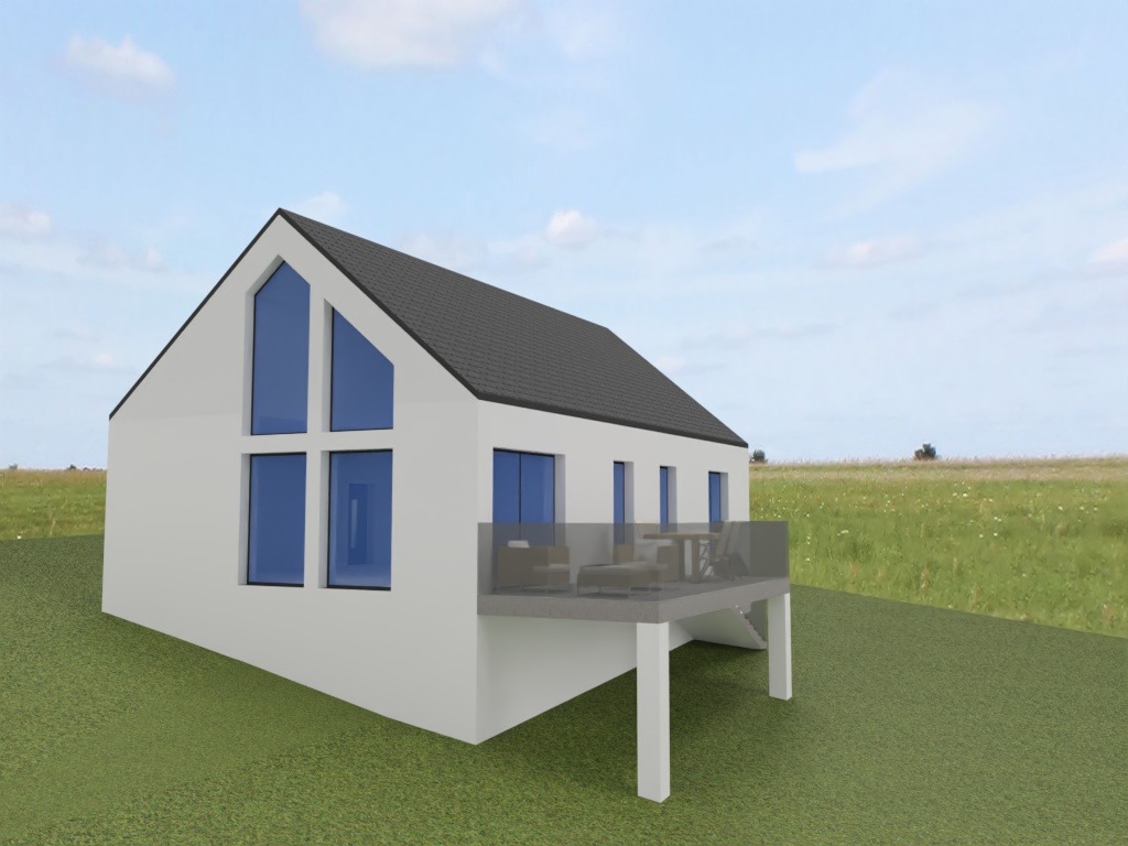 Wizualizacja domu jednorodzinnego z balkonem, biała elewacja, ciemny dach, duże okna z widokiem na łąkę. Nowoczesny projekt architektoniczny.