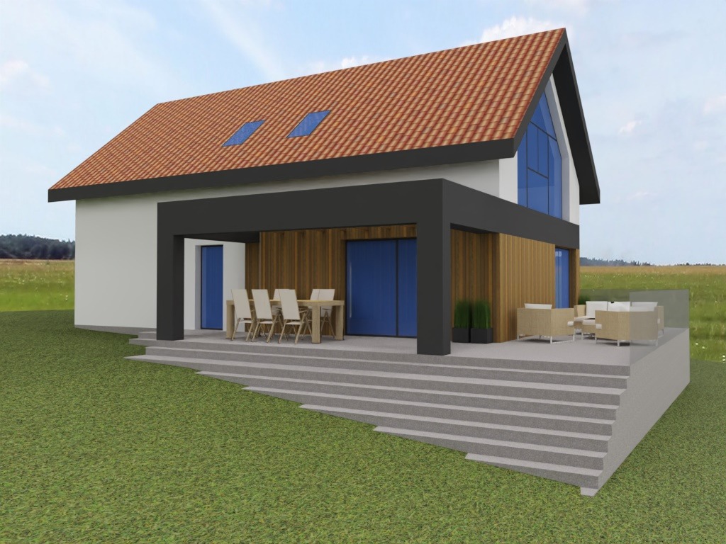 Wizualizacja domu z tarasem i schodami. Jasna elewacja, brązowy dach z oknami połaciowymi, ciemne elementy konstrukcyjne. Widok na zielone otoczenie.