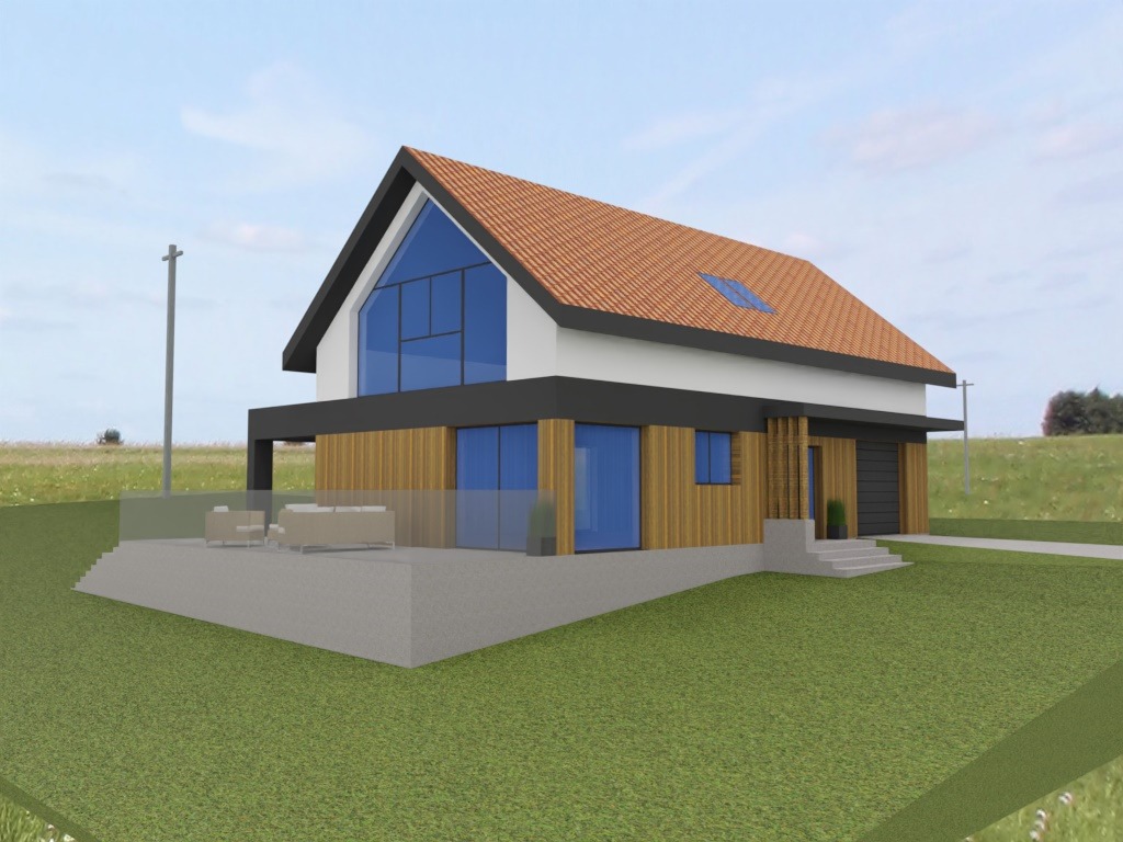 Wizualizacja domu jednorodzinnego z dużymi przeszkleniami, wykończonego drewnem i z dachem z czerwonej dachówki. Widoczny taras z meblami ogrodowymi i otoczenie budynku.