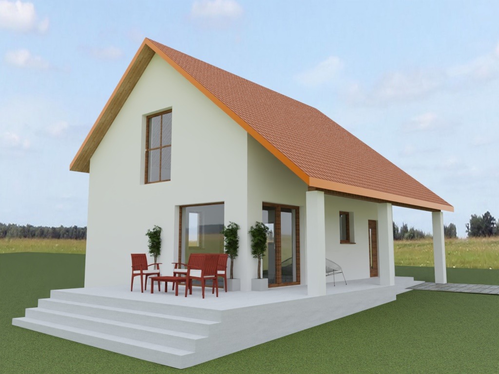 Wizualizacja domu jednorodzinnego z pomarańczowym dachem, białymi ścianami i tarasem z meblami ogrodowymi. Widok z perspektywy niskiego kąta.