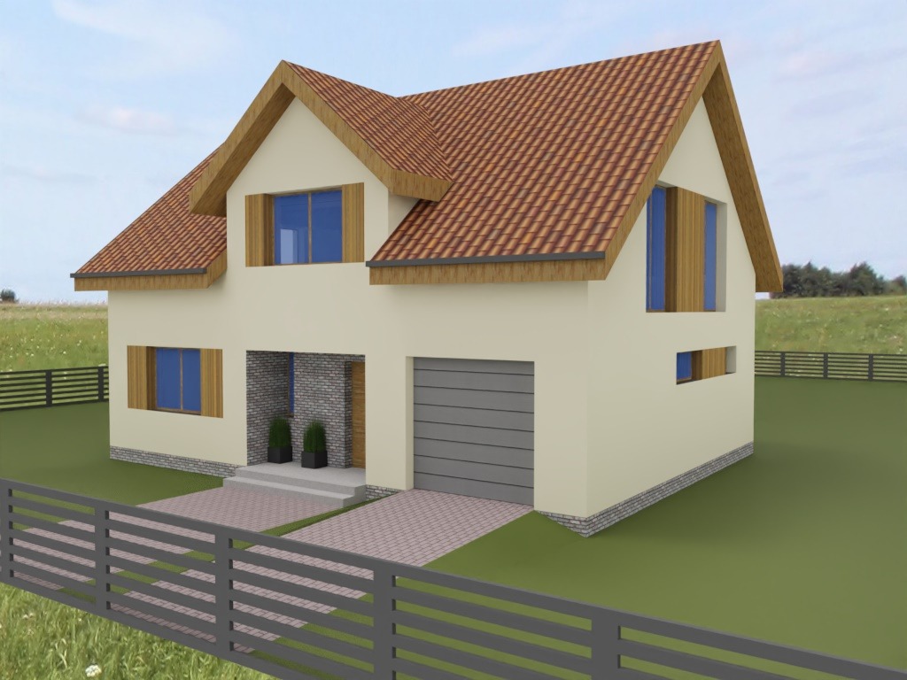 Wizualizacja domu dwukondygnacyjnego z garażem, beżową elewacją, czerwoną dachówką i szarym ogrodzeniem. Dom otoczony zielenią, z roślinami przy wejściu.