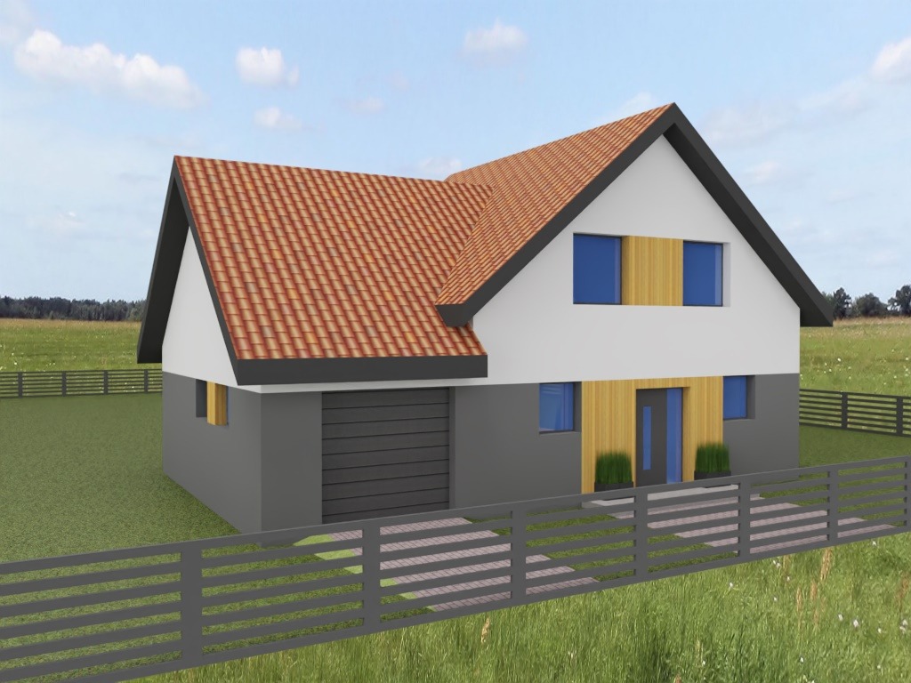 Wizualizacja 3D nowoczesnego domu jednorodzinnego z garażem, otoczonego zielonym terenem i szarym ogrodzeniem. Czerwona dachówka, szara elewacja, drewniane akcenty.