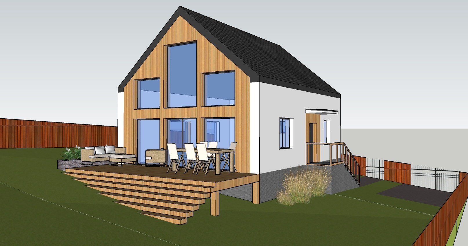 Wizualizacja domu z drewnianą fasadą i dużymi oknami, tarasem z meblami ogrodowymi. Projekt domu z nowoczesną architekturą i otoczeniem.