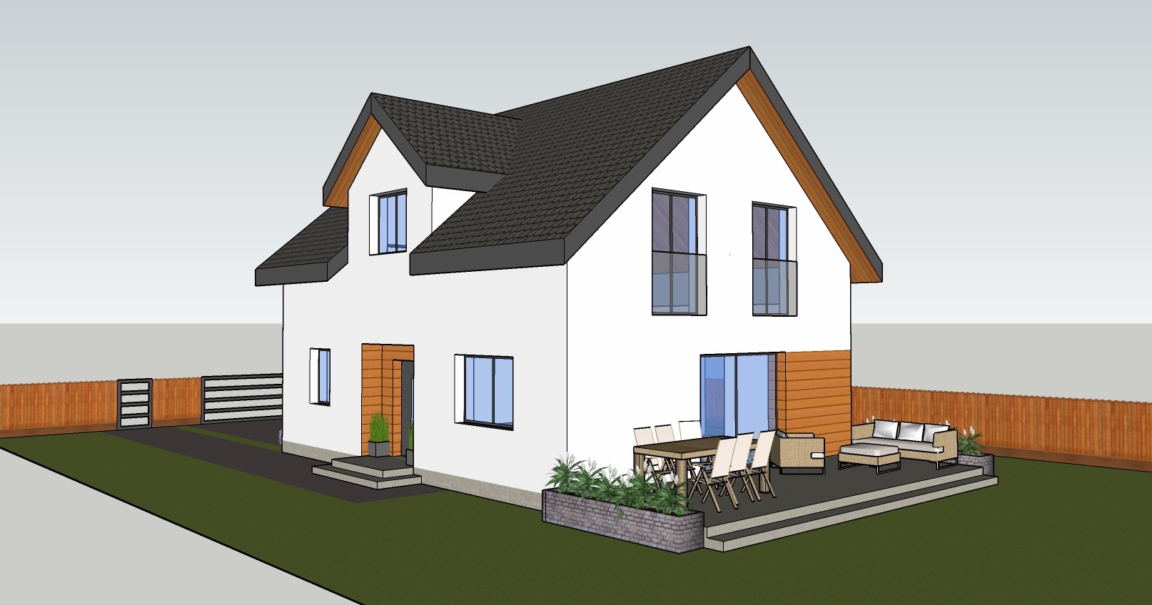Wizualizacja domu dwukondygnacyjnego z tarasem i ogrodem, biała elewacja z drewnianymi akcentami, szary dach, nowoczesna architektura, meble ogrodowe na tarasie.