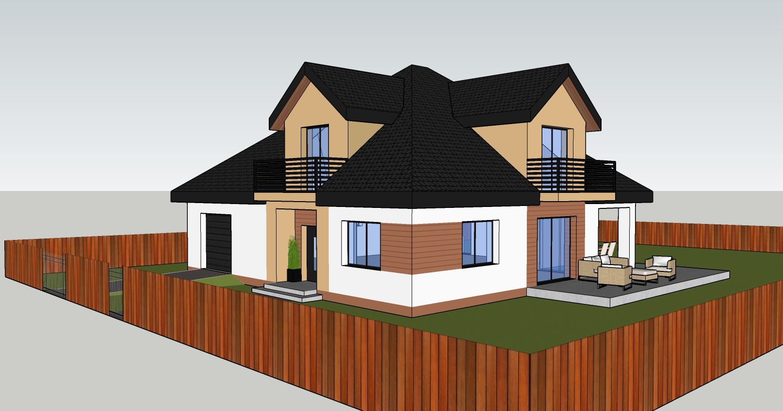 Wizualizacja domu dwukondygnacyjnego z czarnym dachem, balkonem i tarasem z meblami ogrodowymi, otoczonego drewnianym płotem. Widok z perspektywy.