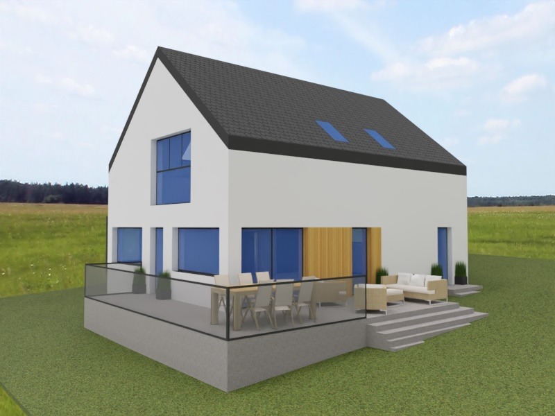 Wizualizacja domu jednorodzinnego ze szklaną balustradą tarasu w Starym Jaworowie. Projekt nowoczesnej elewacji z dużymi oknami i ciemną dachówką.