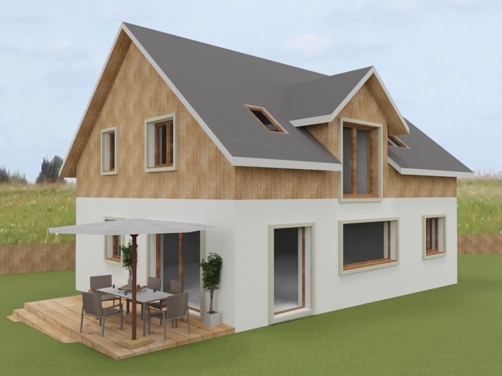 Wizualizacja domu dwukondygnacyjnego z drewnianą elewacją na piętrze i tarasem z parasolem, otoczonego zielenią. Widok z perspektywy.