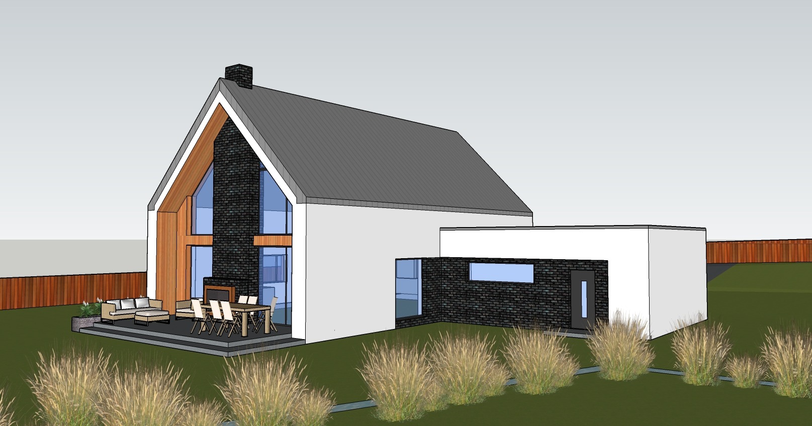 Wizualizacja domu z dwuspadowym dachem i ceglanym kominem. Taras z meblami ogrodowymi. Nowoczesna bryła budynku w otoczeniu zieleni. Projekt architektoniczny prezentowany z perspektywy ogrodu.