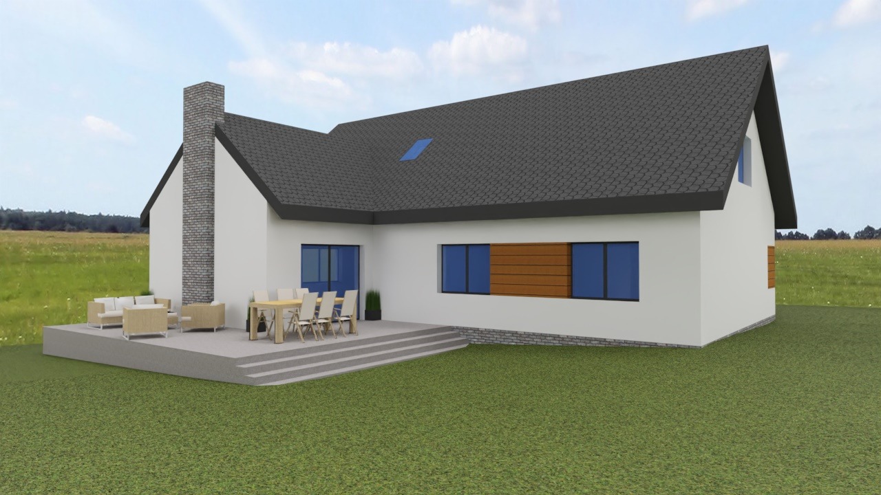 Wizualizacja domu jednorodzinnego z tarasem, meblami ogrodowymi i kominem z cegły. Nowoczesna architektura z oknami w kolorze niebieskim i drewnianymi akcentami.