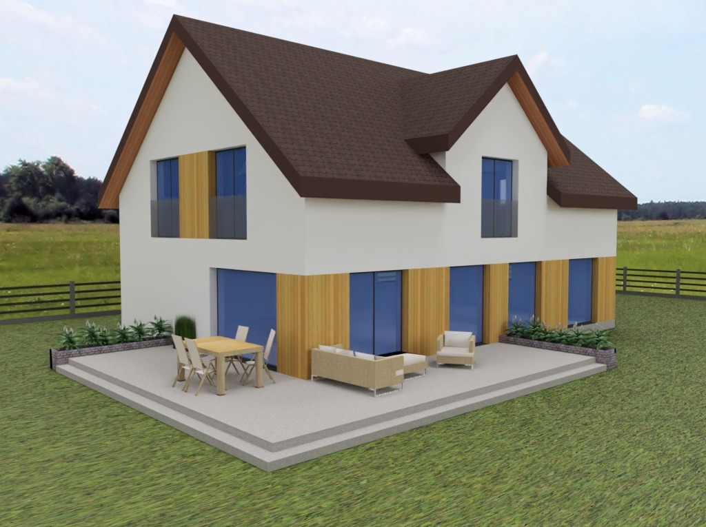 Wizualizacja domu dwukondygnacyjnego z brązowym dachem i drewnianą elewacją, taras z meblami ogrodowymi, otoczony zielenią, na tle łąki i lasu.