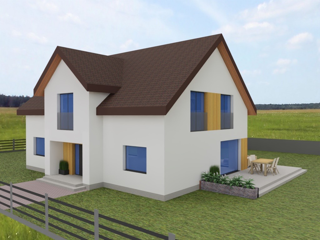 Wizualizacja 3D nowoczesnego domu z brązowym dachem, białymi ścianami i drewnianymi akcentami. Widoczny taras z meblami ogrodowymi i zadbany trawnik.