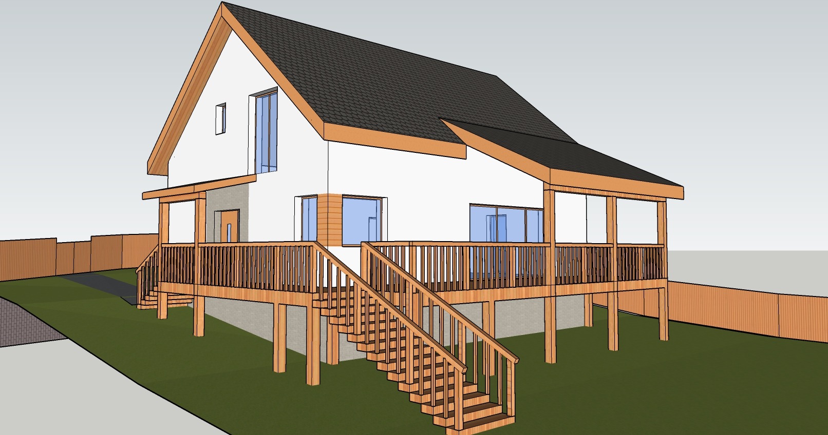 Wizualizacja 3D domu jednorodzinnego z drewnianym tarasem i schodami, ukazana z perspektywy ogrodu, z widocznymi elementami wykończeniowymi elewacji.