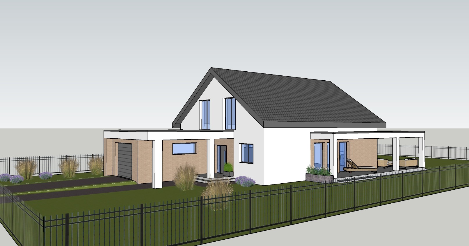 Wizualizacja 3D nowoczesnego domu jednorodzinnego z garażem i zadaszonym tarasem. Biała elewacja, szary dach, ogrodzenie panelowe. Otoczenie: trawnik, krzewy, podjazd.
