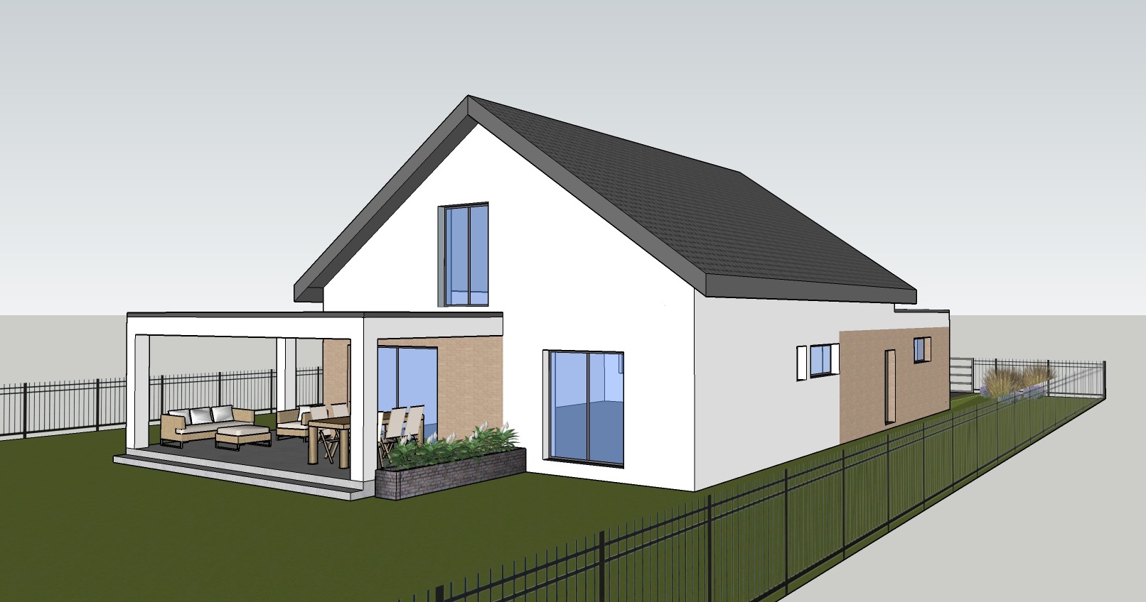 Wizualizacja 3D domu jednorodzinnego z zadaszonym tarasem i ogrodem, prezentująca nowoczesny projekt architektoniczny z elementami cegły i czarnym ogrodzeniem.