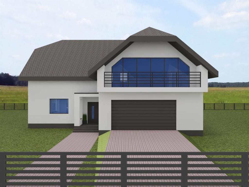Wizualizacja domu jednorodzinnego z garażem i balkonem. Nowoczesna bryła, biała elewacja, szara dachówka i brama garażowa. Widok zza ogrodzenia.