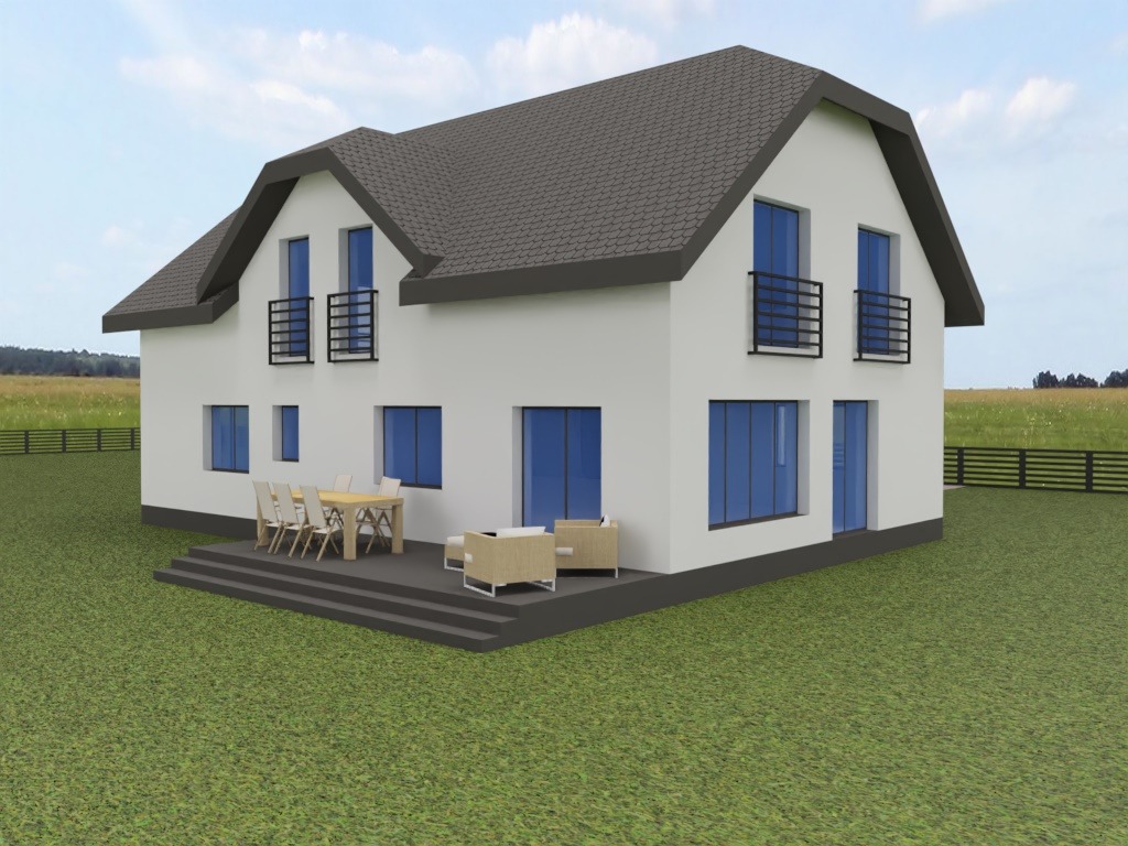 Wizualizacja 3D nowoczesnego domu z balkonami, białymi ścianami i szarym dachem na tle łąki i błękitnego nieba. Widoczne meble ogrodowe na tarasie.
