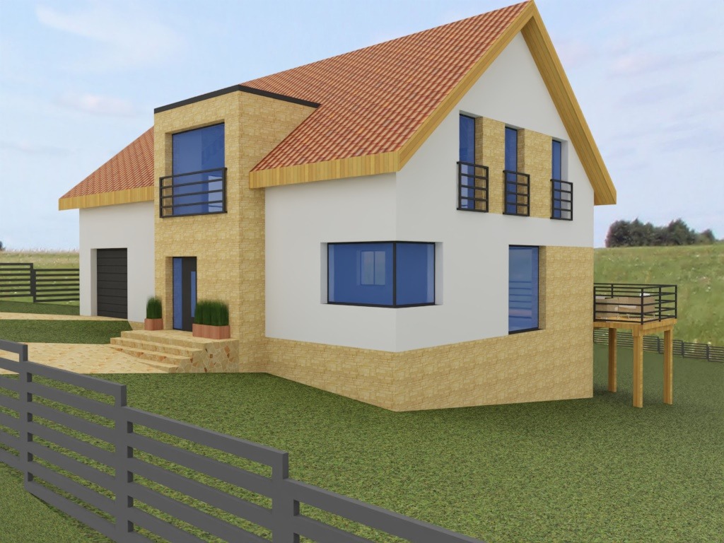 Wizualizacja domu dwukondygnacyjnego z elementami kamiennej elewacji, balkonami z czarnymi barierkami i brązową dachówką. Widok z poziomu gruntu, ogrodzenie na pierwszym planie.