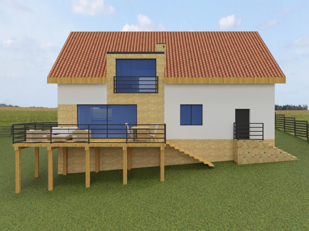 Wizualizacja domu dwukondygnacyjnego z tarasem na drewnianych podporach, wykończonego w bieli i piaskowym kamieniu, z czerwoną dachówką i niebieskimi oknami.