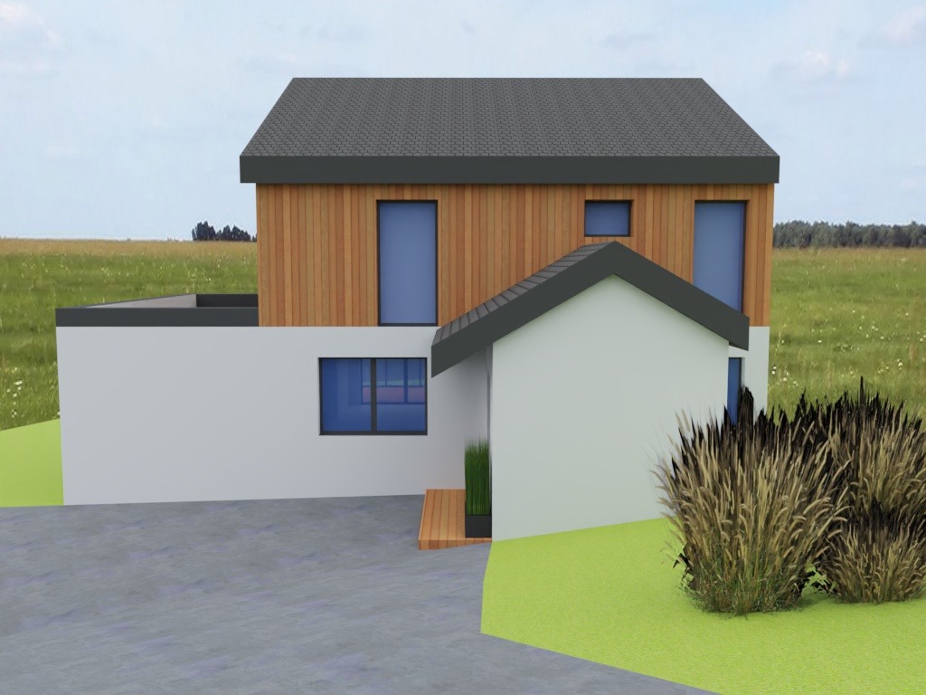 Wizualizacja domu z drewnianą elewacją i płaskim dachem w Starym Jaworowie. Projekt uwzględnia nowoczesne rozwiązania architektoniczne i krajobraz.