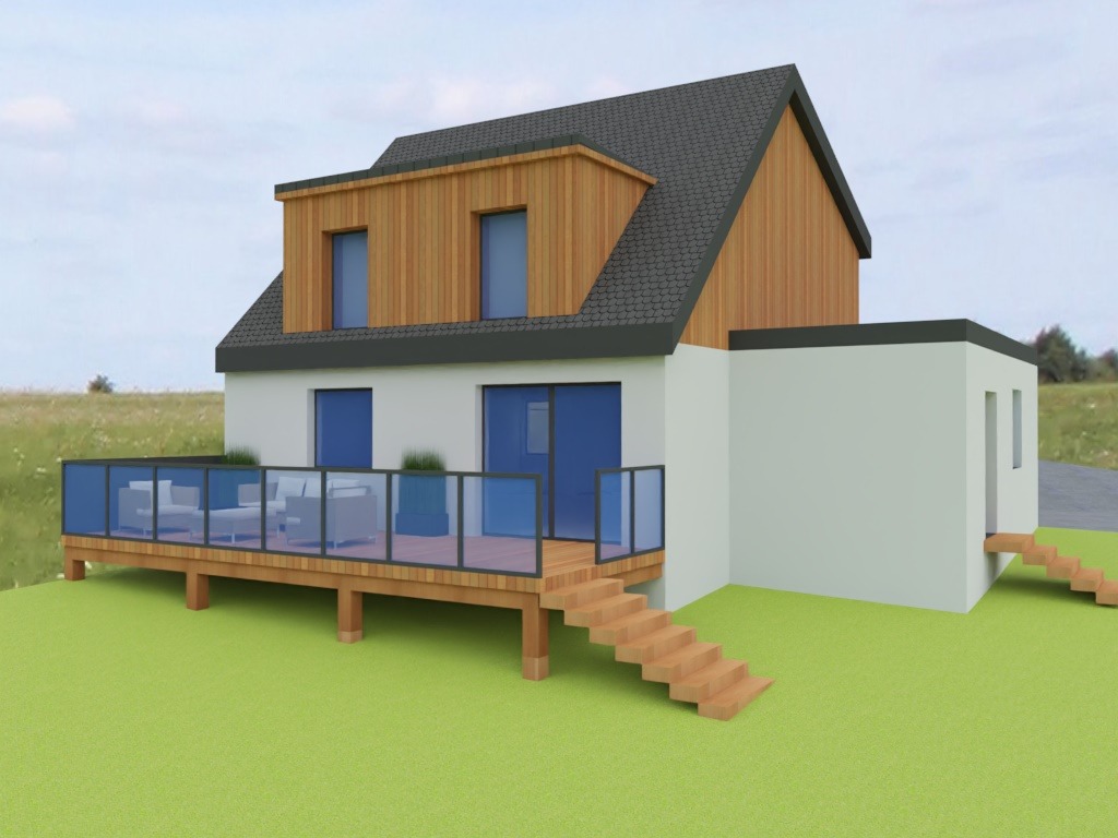 Wizualizacja domu z drewnianą elewacją, tarasem z przeszkloną balustradą i schodami. Widoczny fragment ogrodu i nieba.