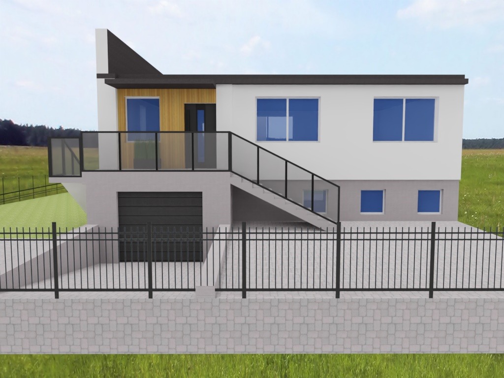 Wizualizacja dwukondygnacyjnego domu z garażem, balkonem i schodami zewnętrznymi, otoczonego płotem na tle łąki i błękitnego nieba.
