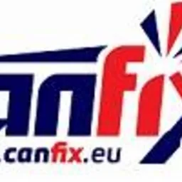 Logo firmy Canfix z adresem strony www.canfix.eu, stylizowany napis w kolorze granatowym i czerwony znak graficzny przypominający wybuch lub gwiazdę.