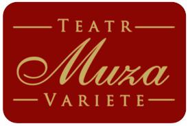 Logo Teatru Muza Variete na czerwonym tle z zaokrąglonymi rogami.