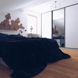 Sypialnia na poddaszu z drewnianą dekoracją ścienną w kształcie plastrów miodu, czarną pościelą i lustrzaną szafą przesuwną.