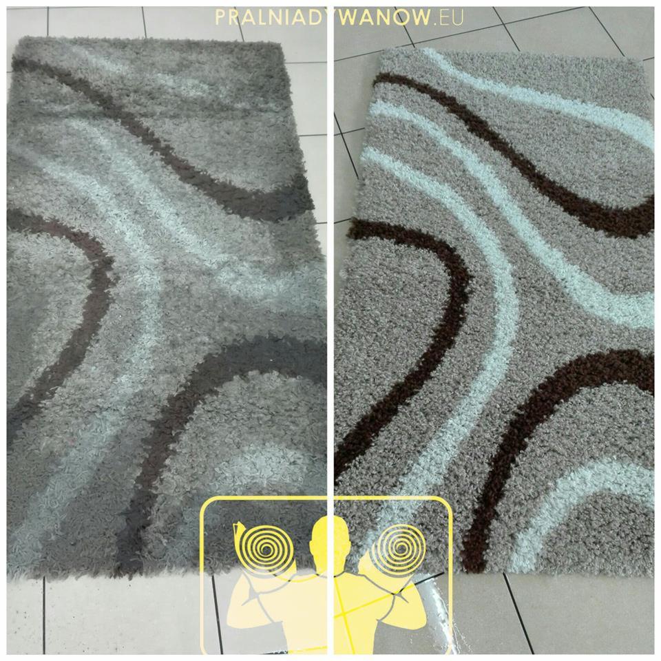 Dywan shaggy w odcieniach szarości i brązu, podzielony na pół - po lewej stronie przed praniem, po prawej po praniu, widoczne różnice w kolorze i czystości włókien.